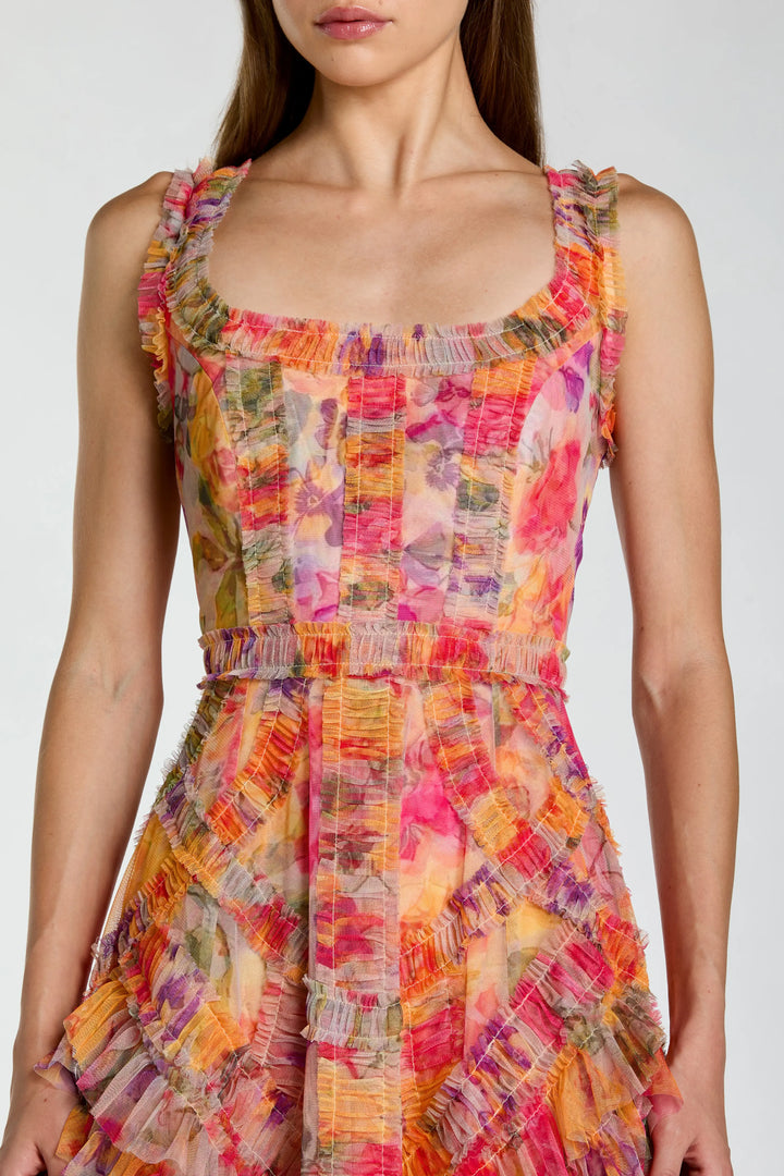 Multicolor Floral Scoop Neck A-Line Ruffle Midi Dress