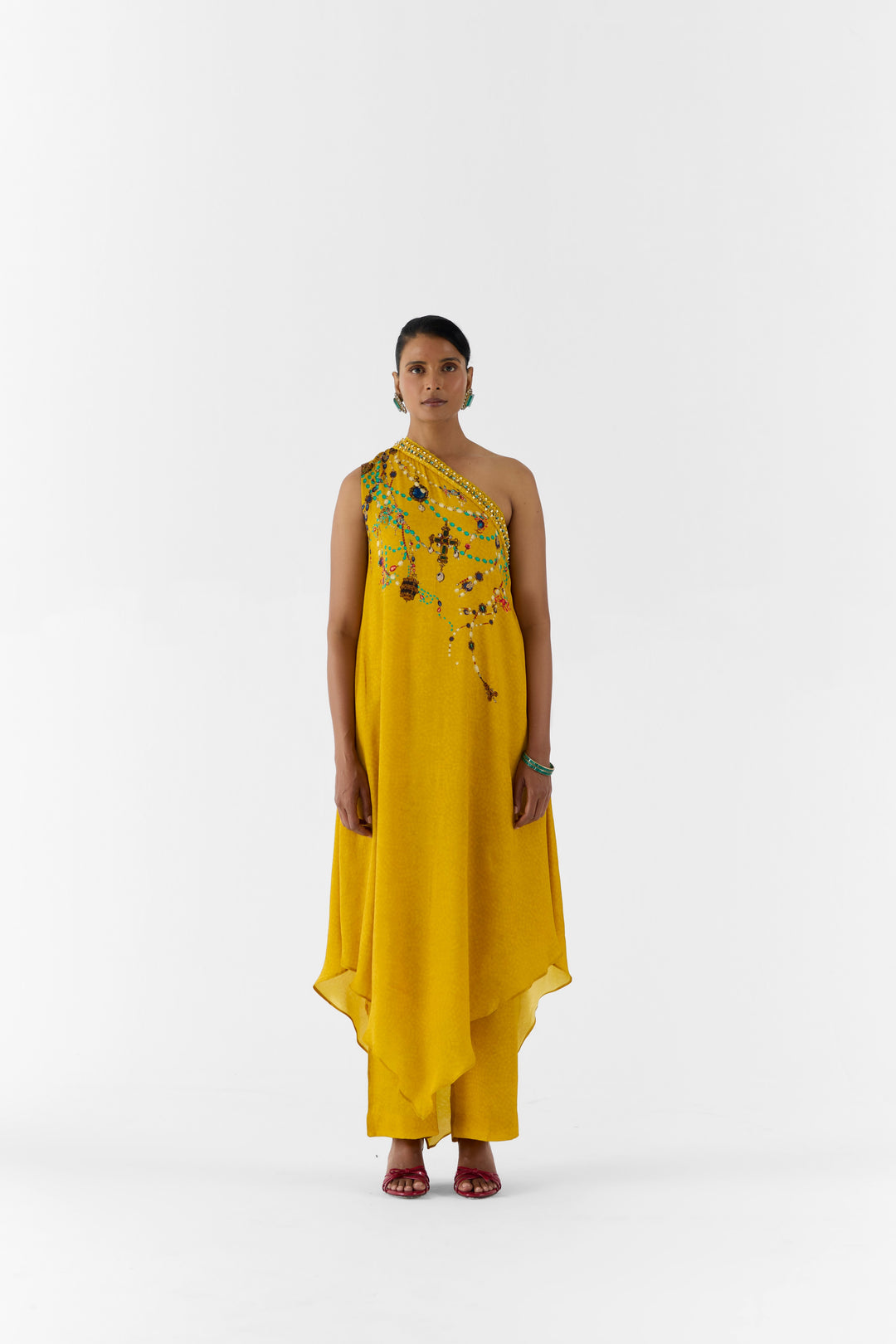 MUSTARD MAHARANI ONE SHOULDER KURTA & PANTS