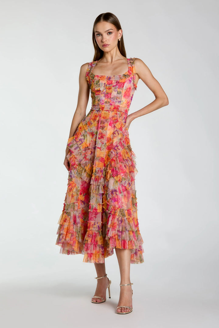 Multicolor Floral Scoop Neck A-Line Ruffle Midi Dress