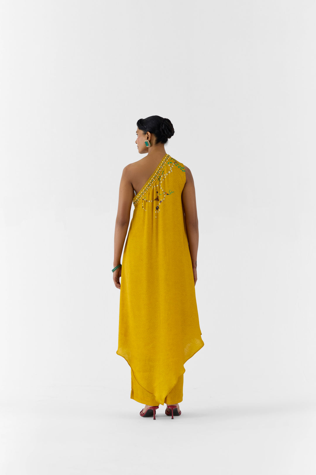 MUSTARD MAHARANI ONE SHOULDER KURTA & PANTS