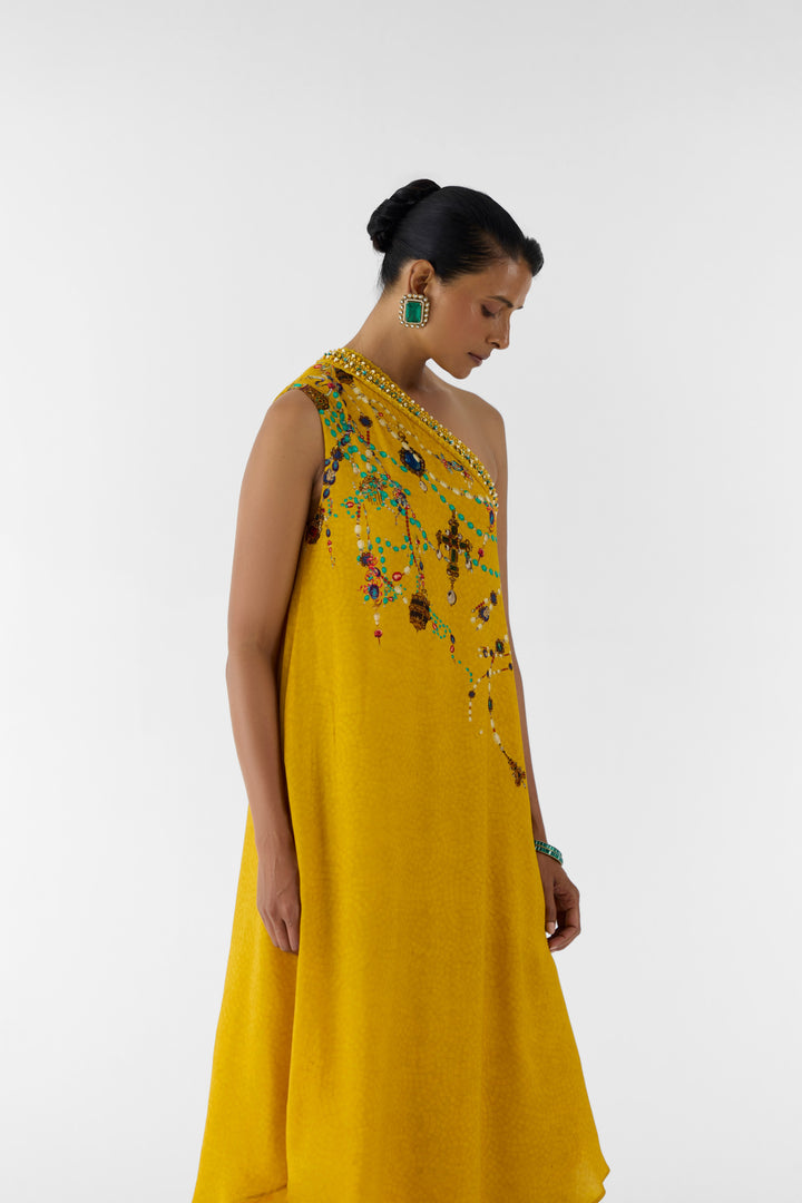 MUSTARD MAHARANI ONE SHOULDER KURTA & PANTS