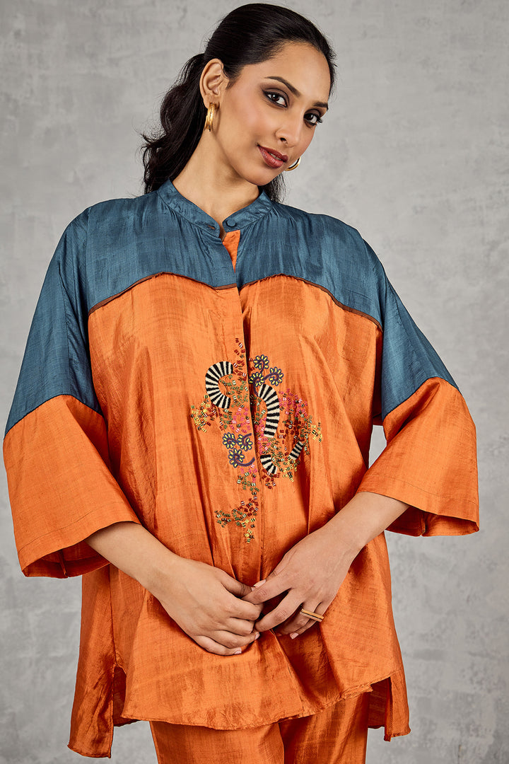 Burnt Orange and Blue Colour Block Namah Tunic Set