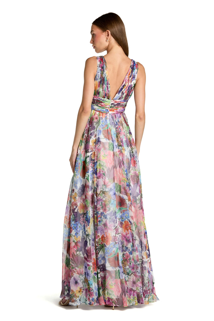 Multicolor Floral Chiffon Gown with Ruffle Slit