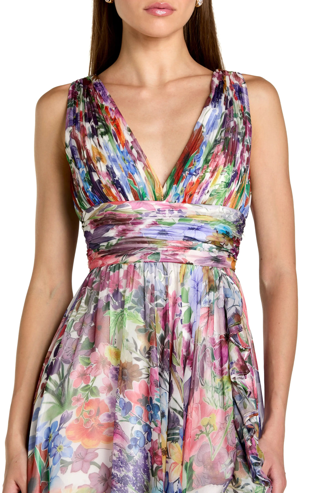 Multicolor Floral Chiffon Gown with Ruffle Slit