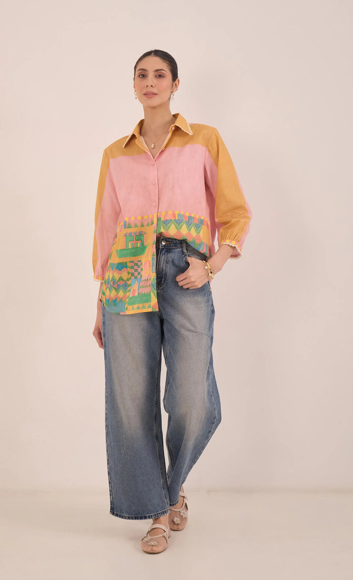Kahwa: Cotton Color Block Shirt