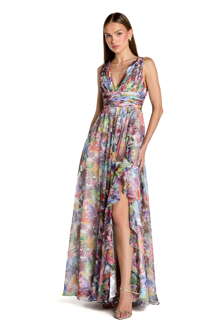 Multicolor Floral Chiffon Gown with Ruffle Slit