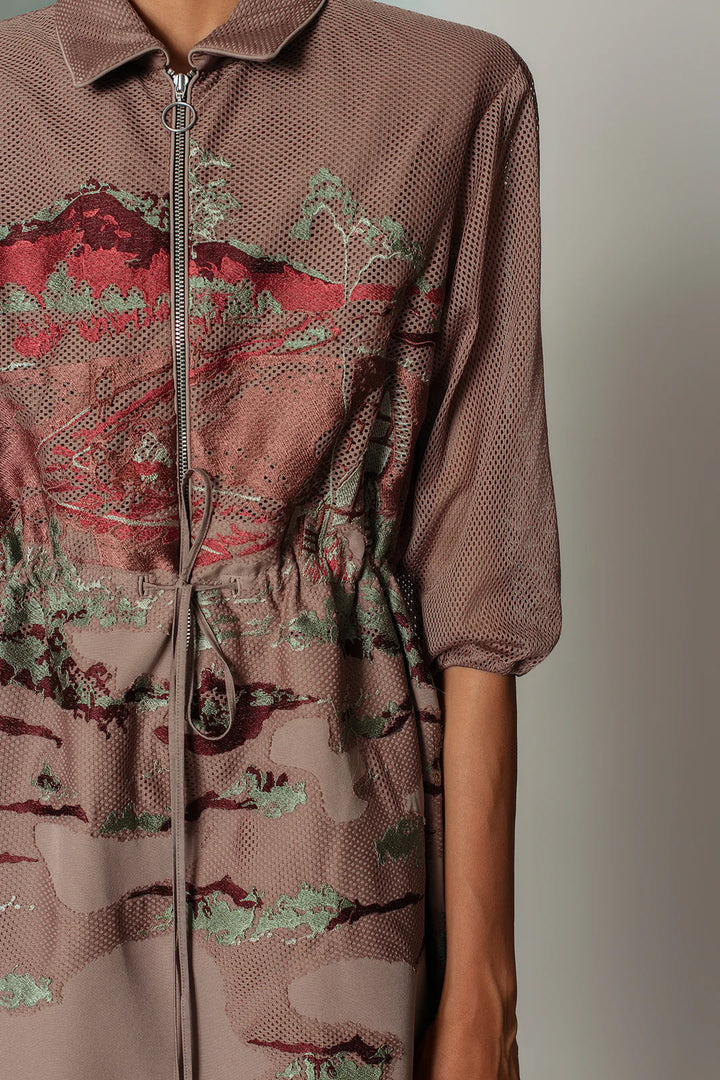 Brown hokusai embroidered short dress