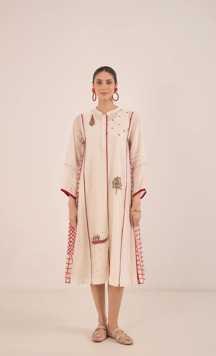 Firdaus: Chanderi Side Check Kali Embroidered Kurta Set Ivory And Red