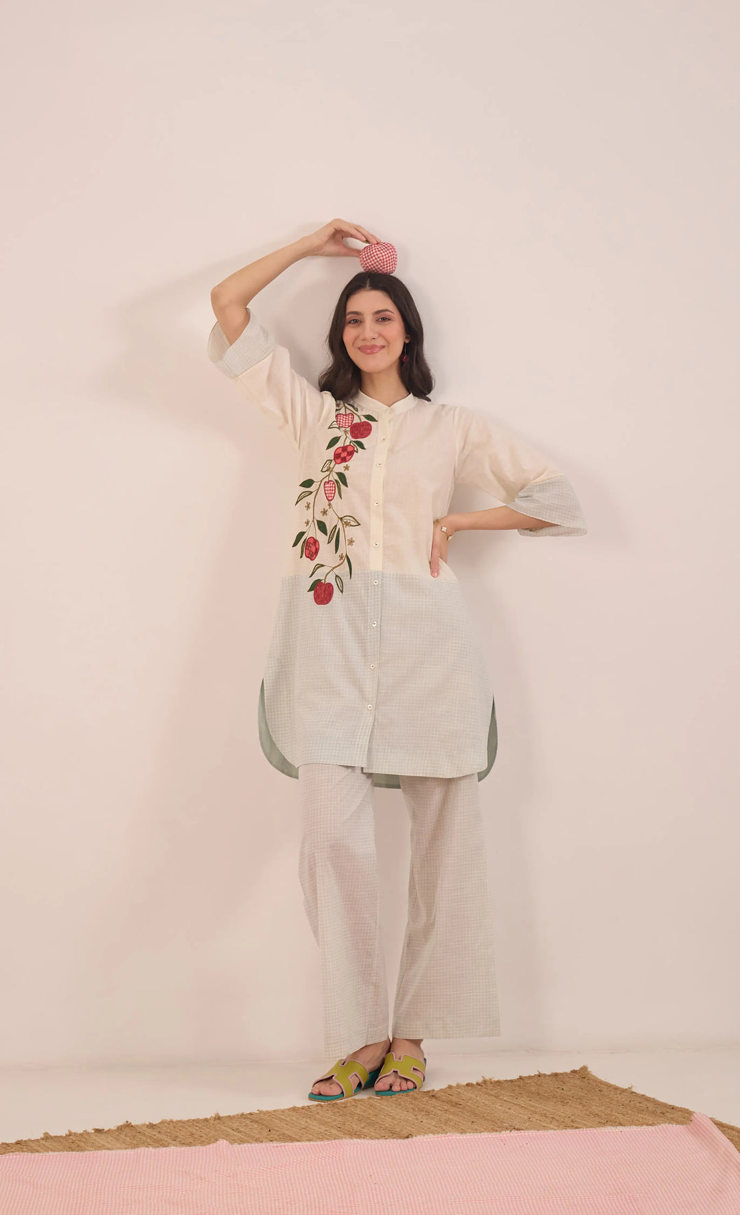 Poma: Cotton Shepherd Check With Apples Tunic- Powder Blue And Ivory