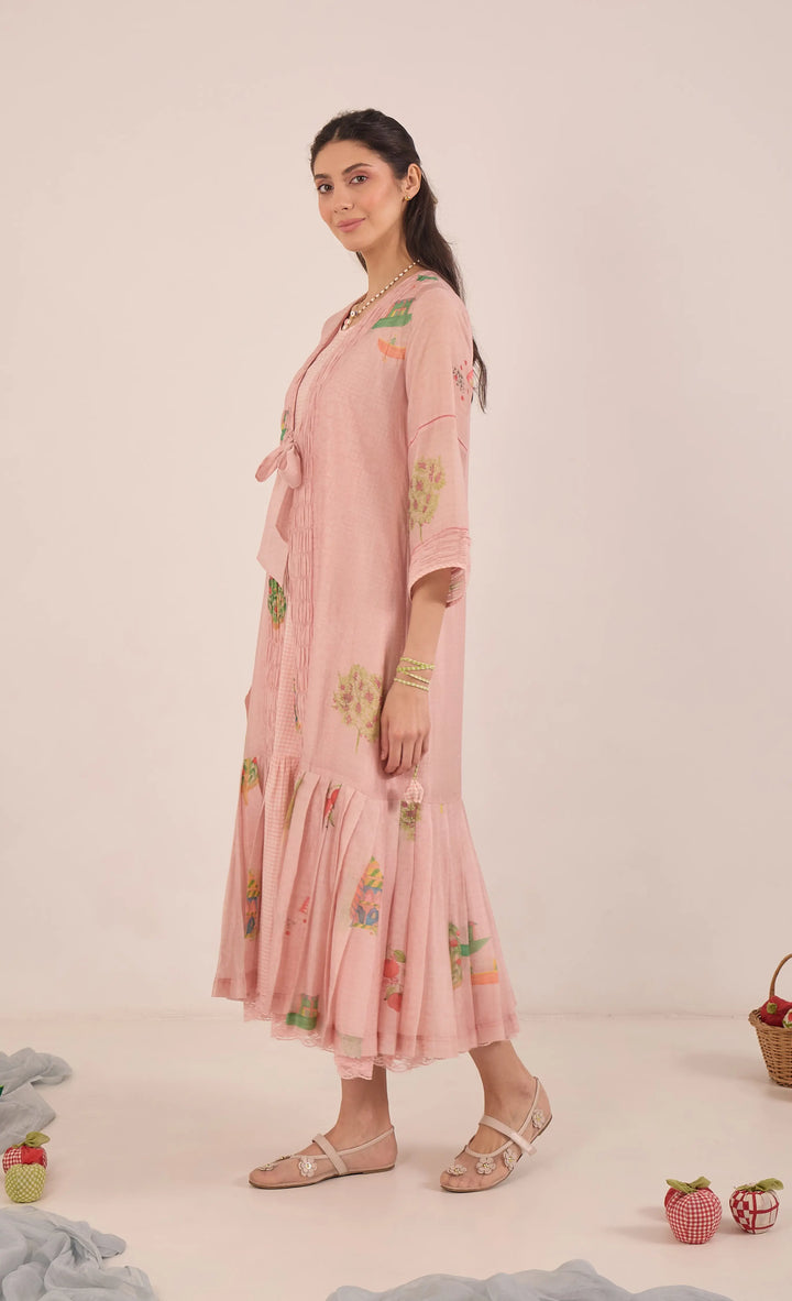 Gulposh: Cotton Silk Pleated Jacket Dress With Cotton Check Inner - Pink