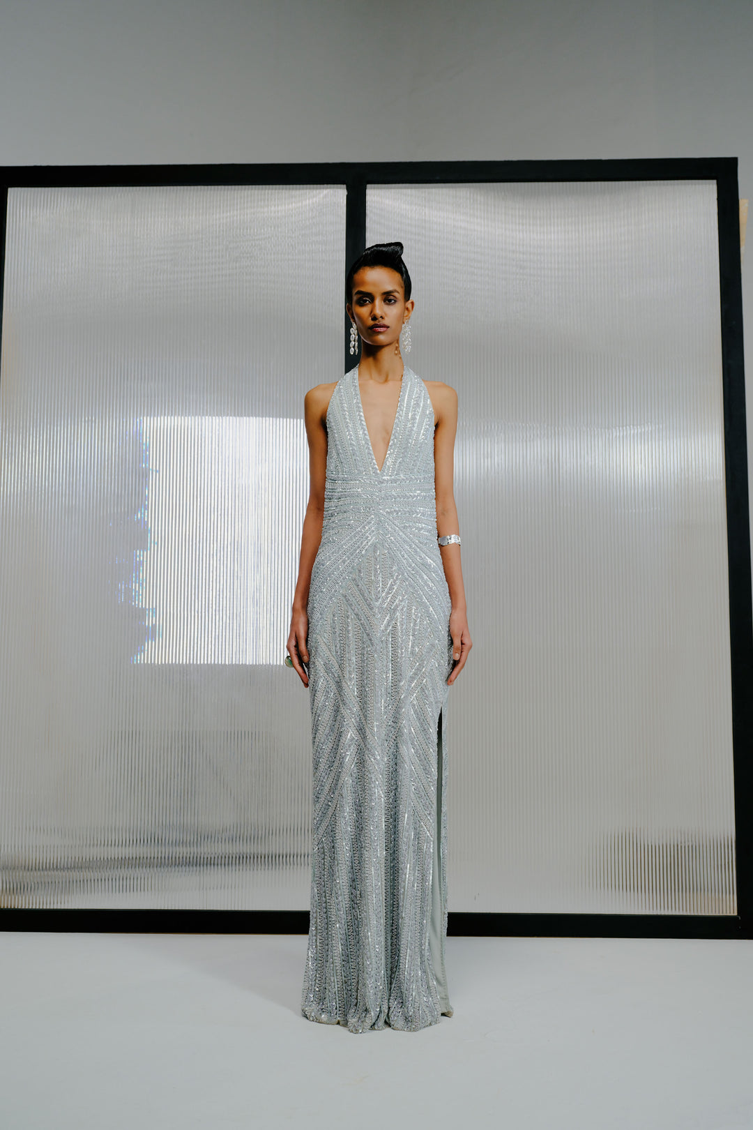 Sky Blue Sequin Slinky Halter Gown S