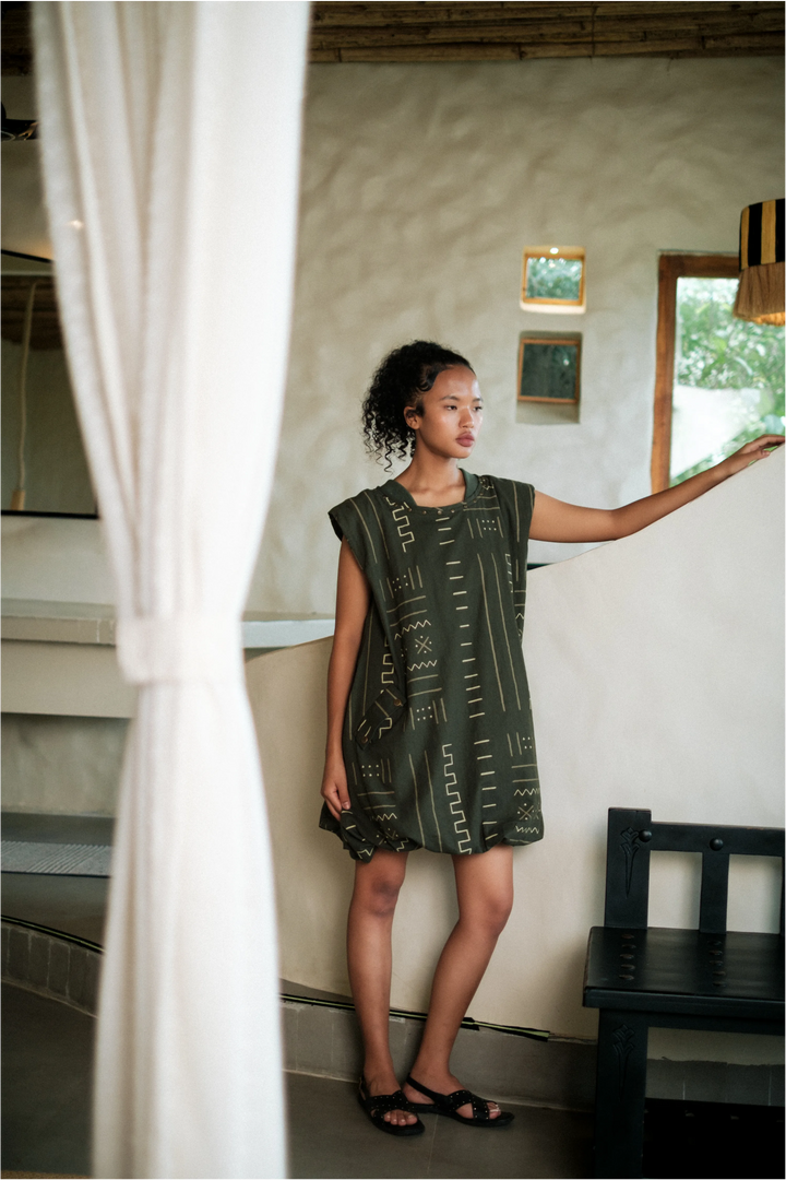 Nara gather dress - Green Mud