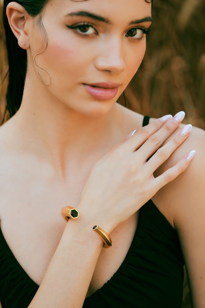 Hexa Black Enamel Gold Cuff