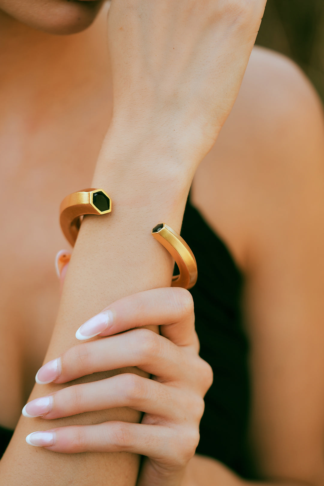 Hexa Black Enamel Gold Cuff