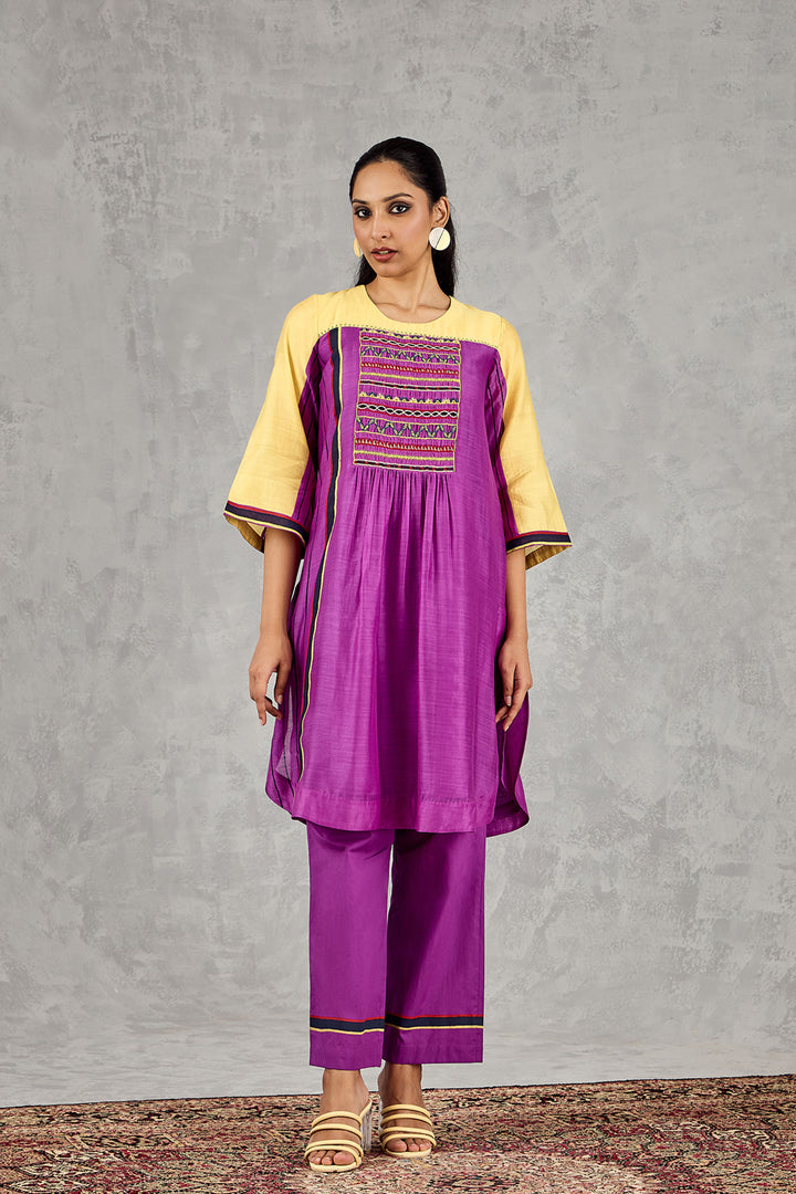 Olive Yellow/Purple Colour Block Tunic Set
