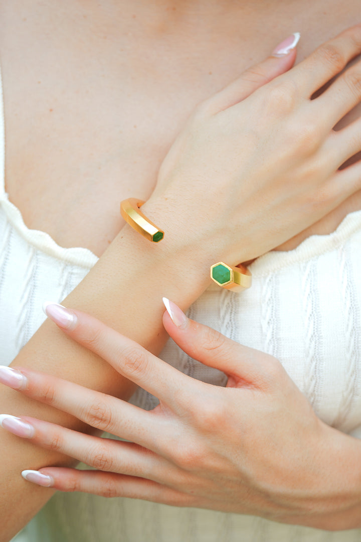 Hexa Green Enamel Gold Cuff