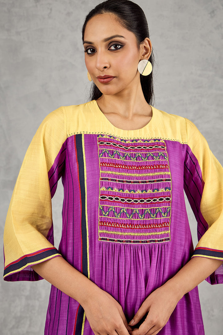 Olive Yellow/Purple Colour Block Tunic Set