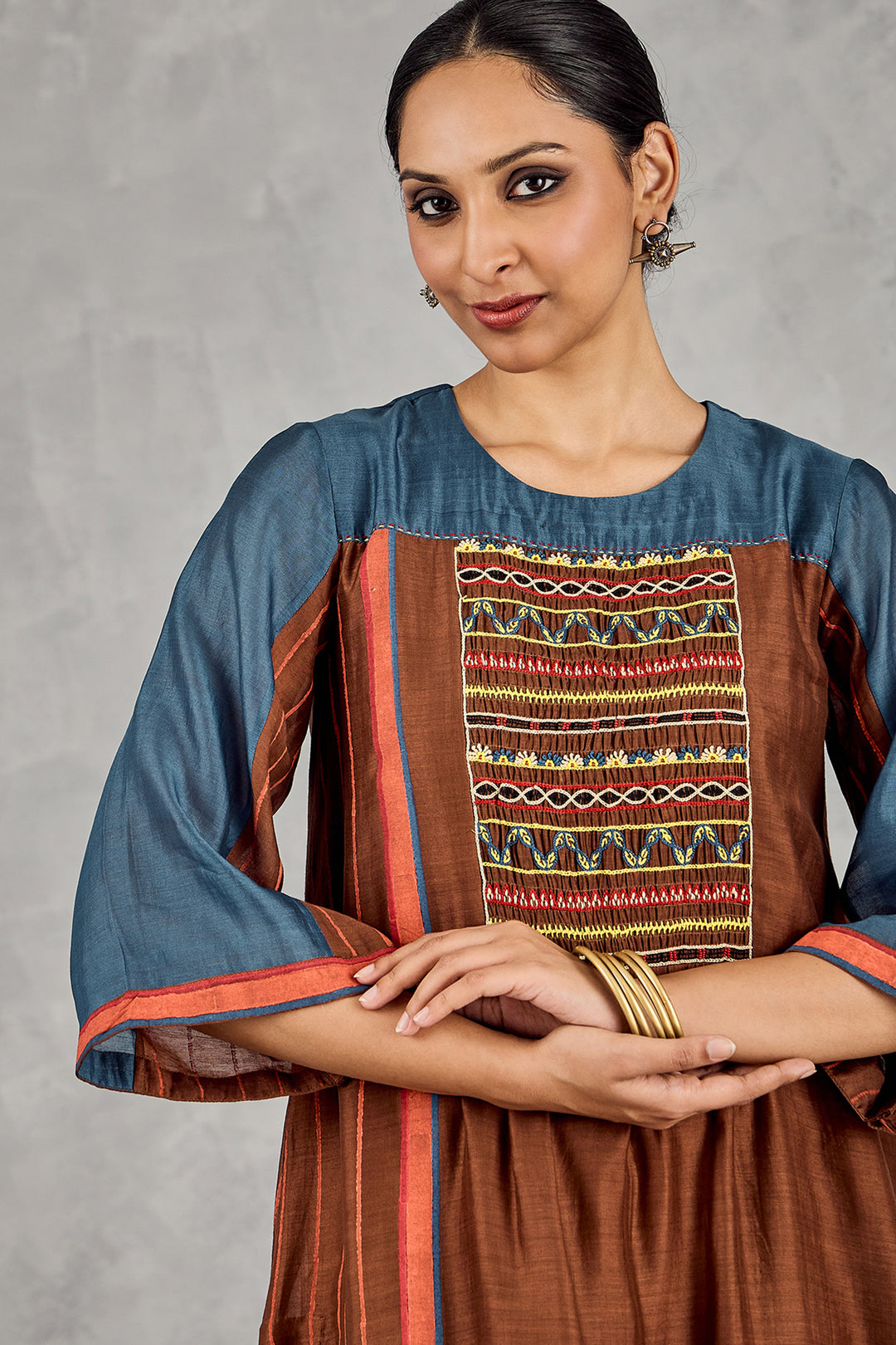 Brown/Blue Colour Block Tunic Set