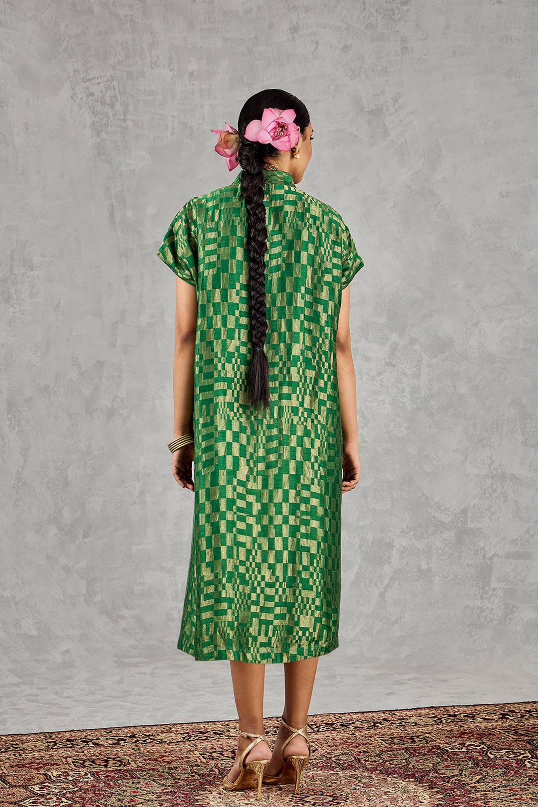 Green Check V-Neck Long Dress