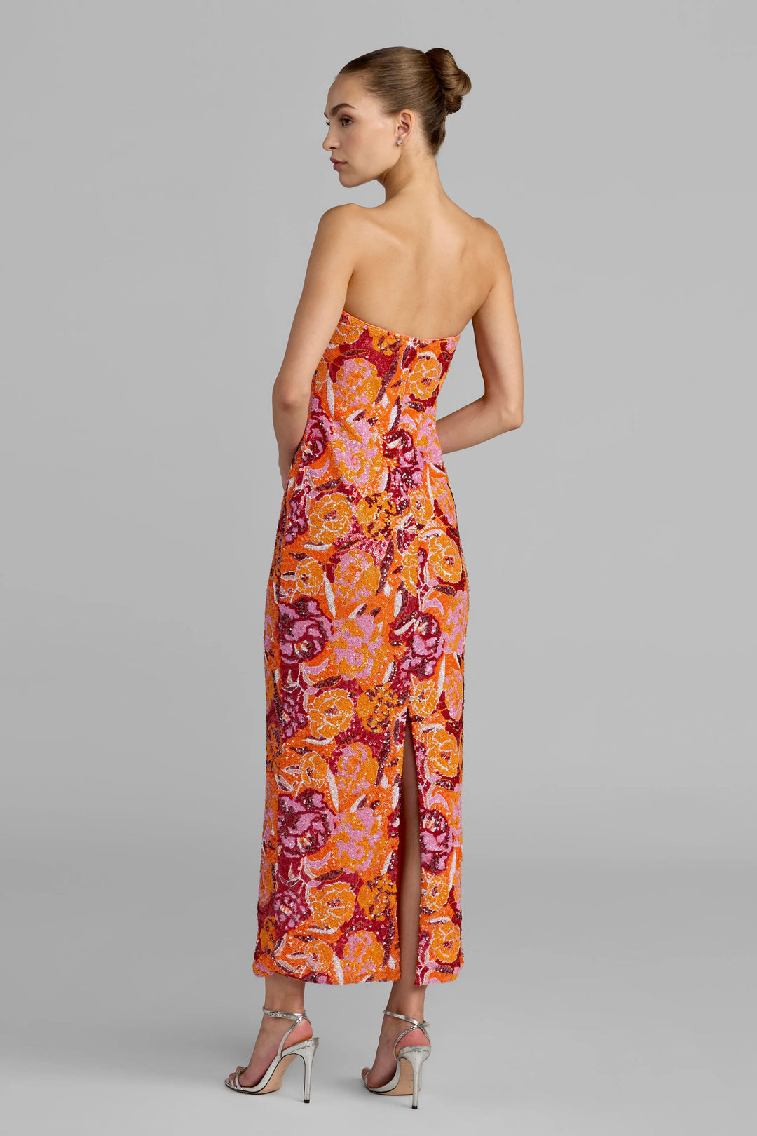 Pink and Orange Strapless Floral Sequin Midi Dress