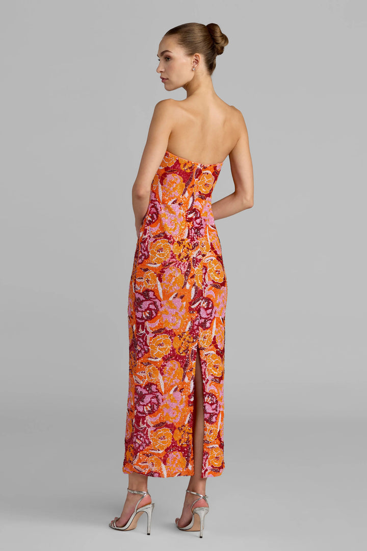 Pink and Orange Strapless Floral Sequin Midi Dress