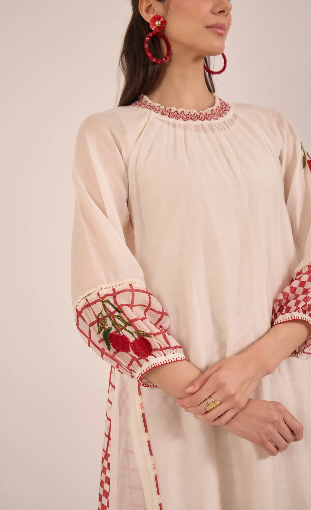 Shirin: Cotton Silk Ivory Red Check Embroidered Kurta Set