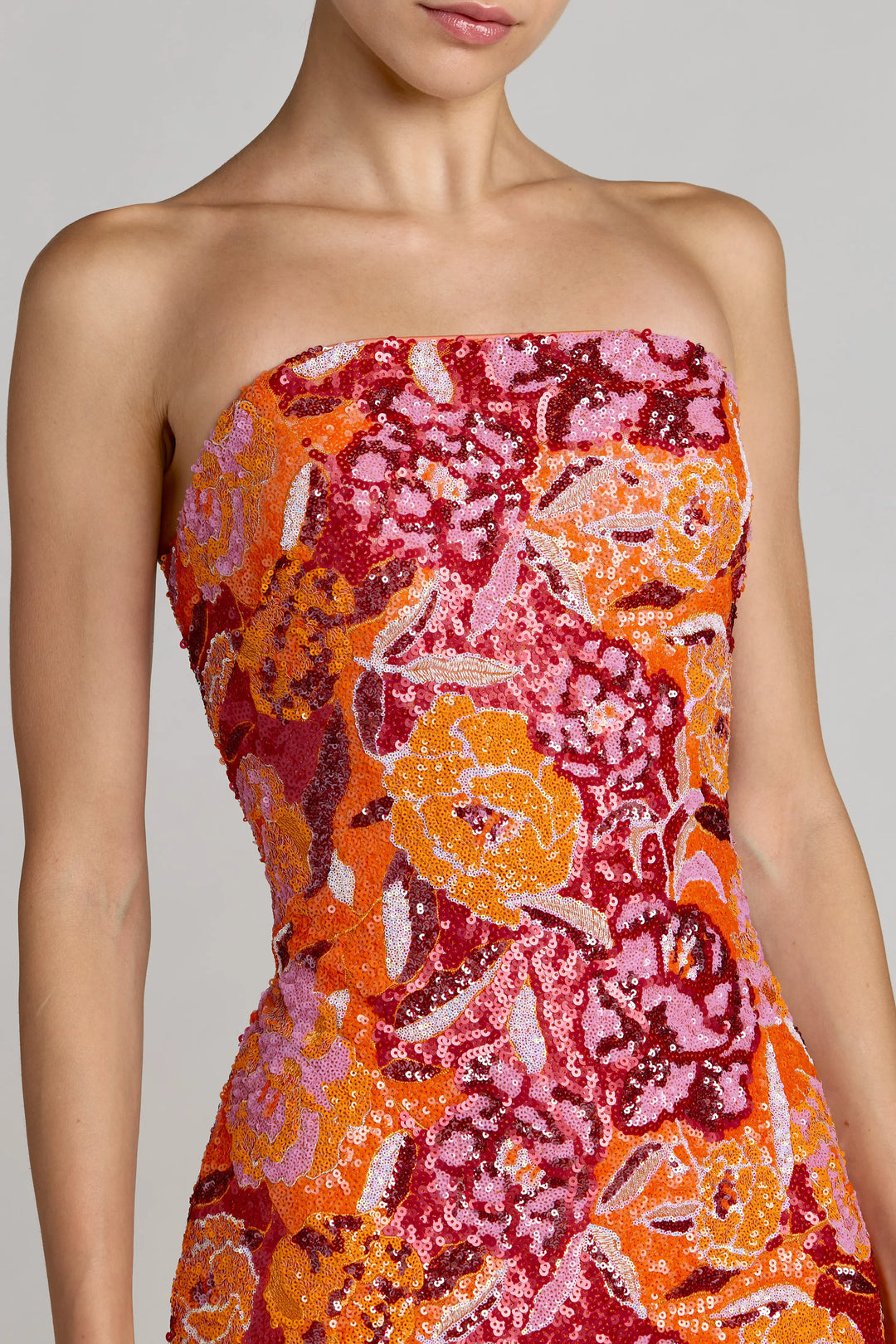 Pink and Orange Strapless Floral Sequin Midi Dress