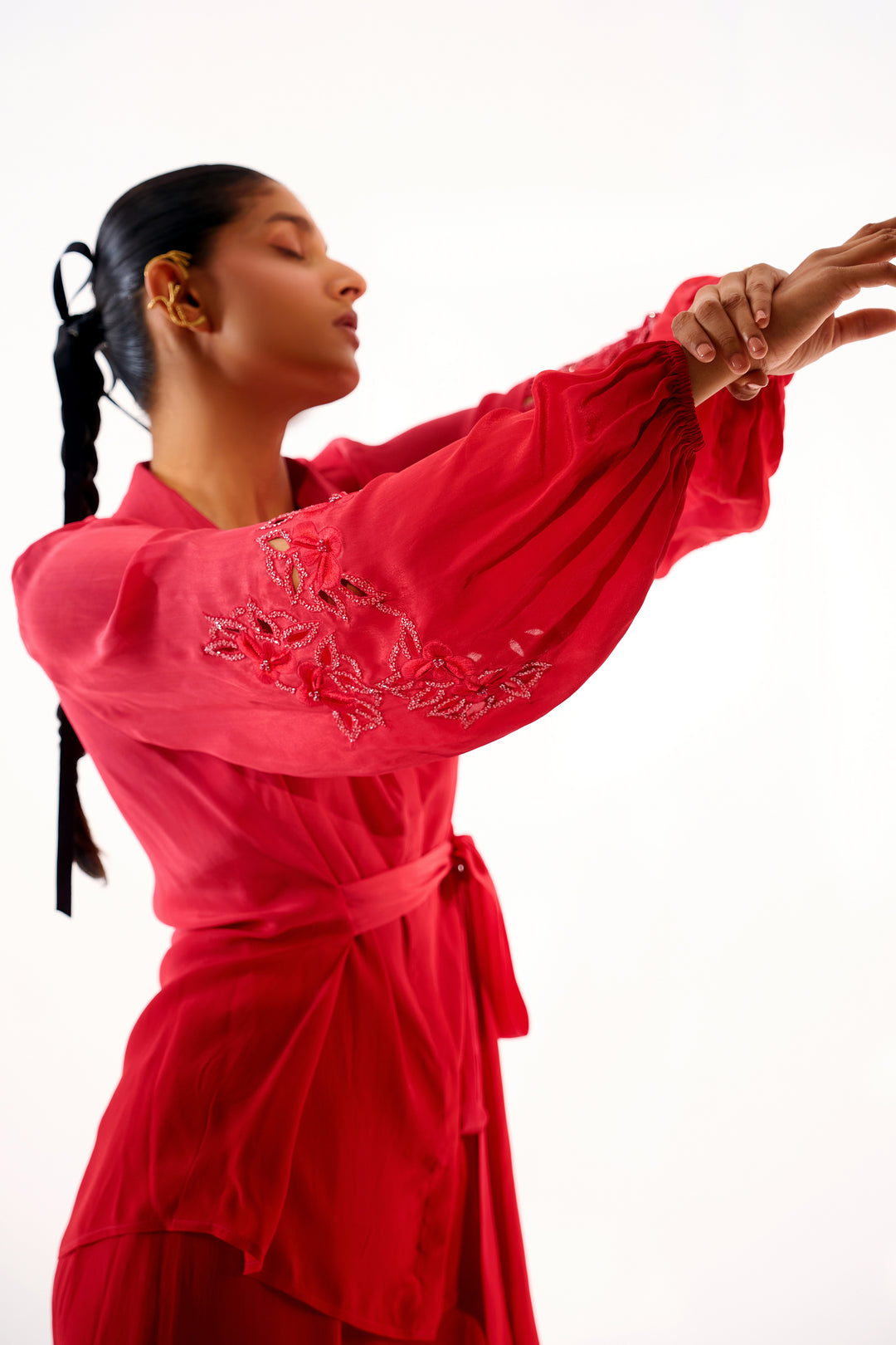 Sleeve Embroidered Coord Set -Ruby