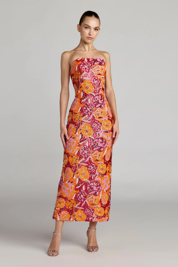 Pink and Orange Strapless Floral Sequin Midi Dress