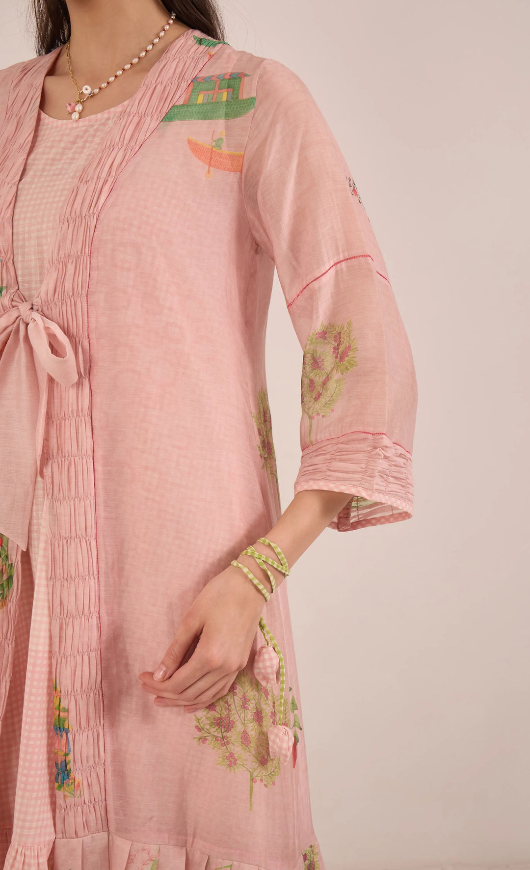 Gulposh: Cotton Silk Pleated Jacket Dress With Cotton Check Inner - Pink