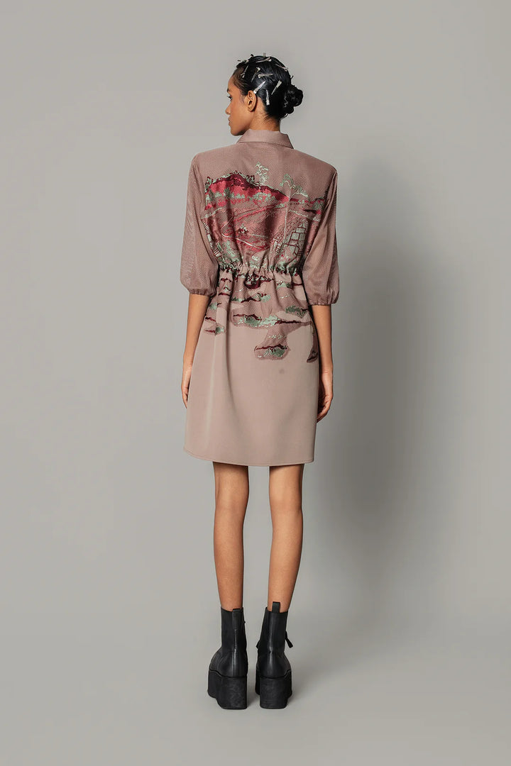 Brown hokusai embroidered short dress
