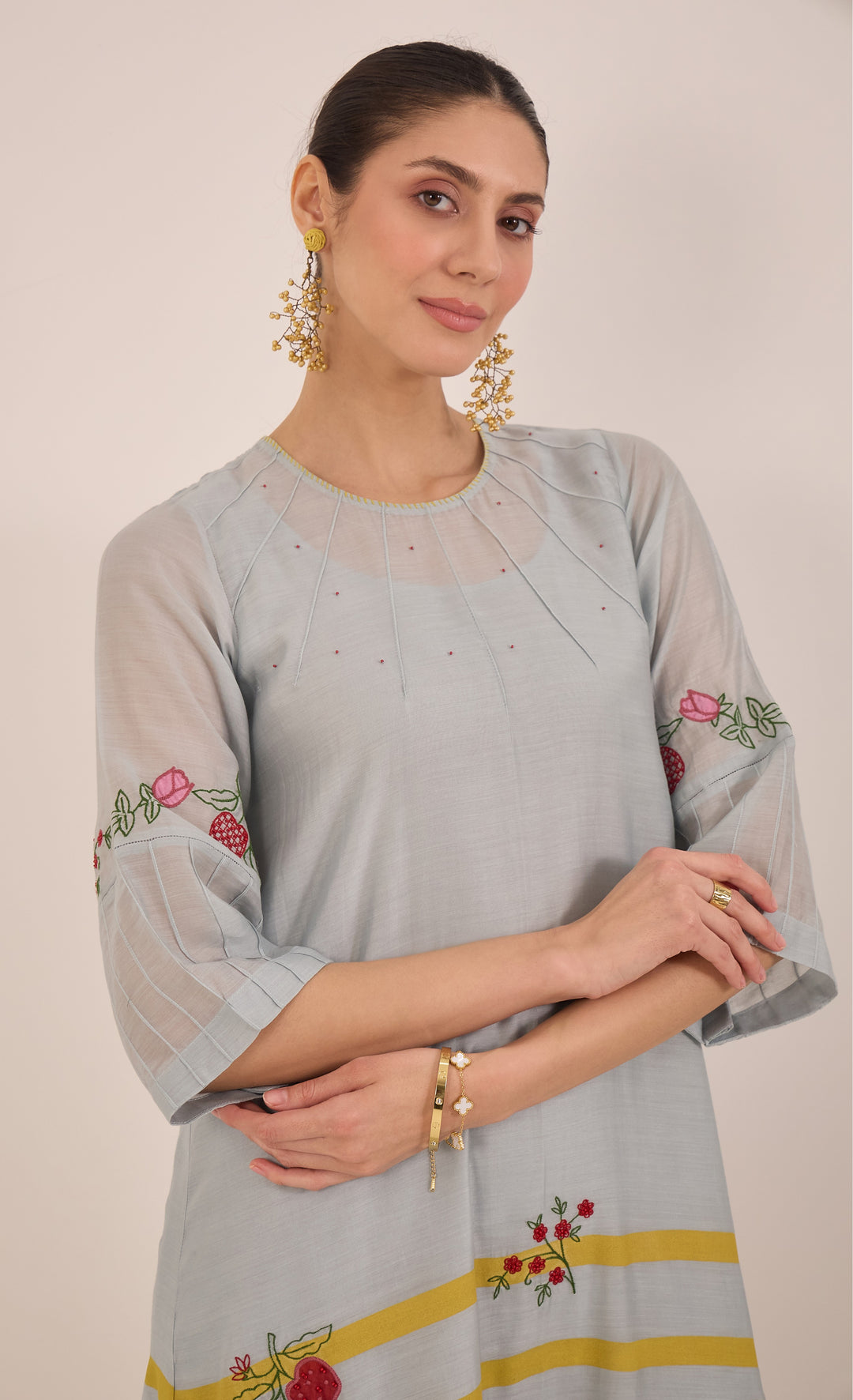 Chinar: Chanderi Floral Embroidery With Stripes Kurta Set - Powder Blue