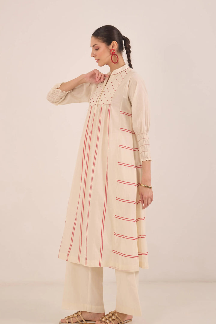 Zoon: Cotton Ivory Bead Stripe Kurta Set