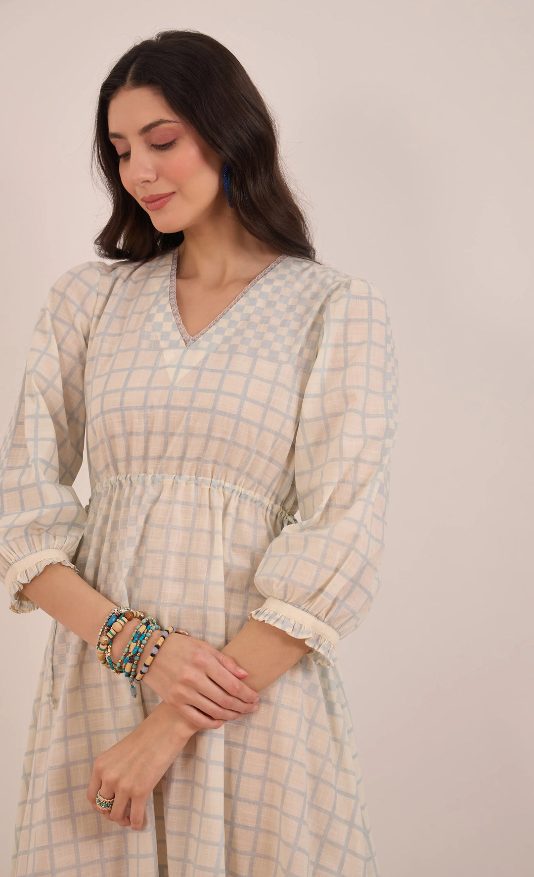 Sheen: Cotton Check Midi Dress V-Neck