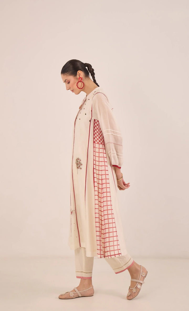 Firdaus: Chanderi Side Check Kali Embroidered Kurta Set Ivory And Red