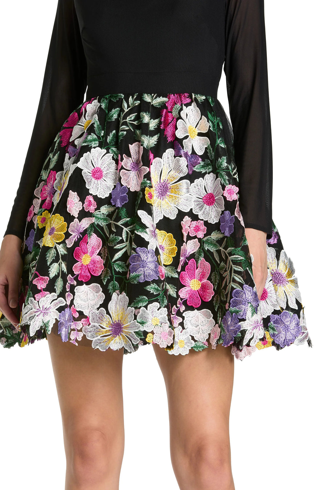 Black Long Sleeve Mini Dress With Floral Embroidery