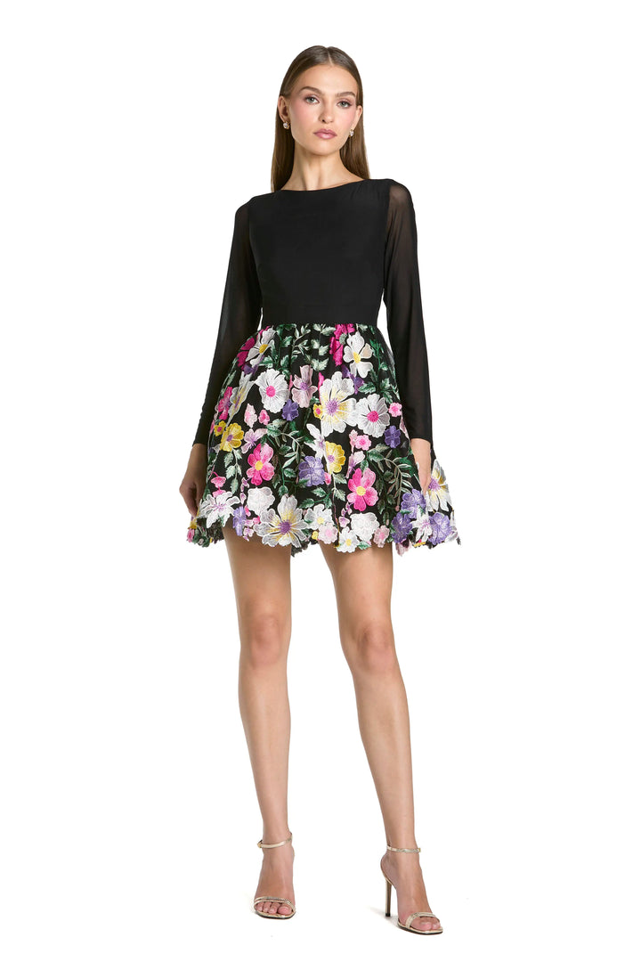 Black Long Sleeve Mini Dress With Floral Embroidery