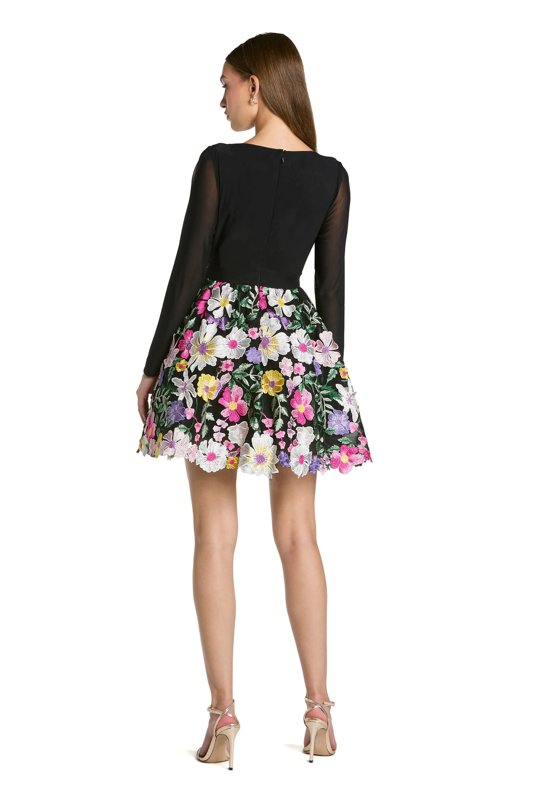 Black Long Sleeve Mini Dress With Floral Embroidery