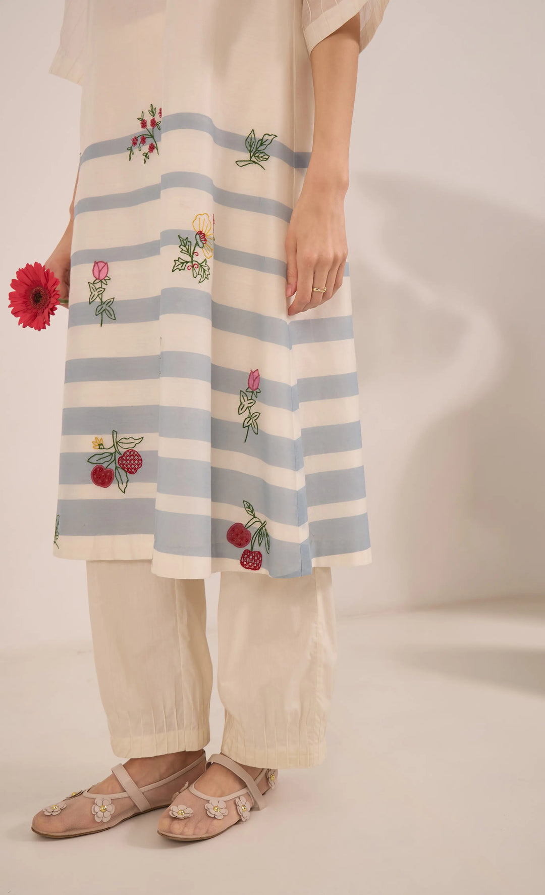 Chinar: Chanderi Floral Embroidered Stripe Kurta Set - Ivory