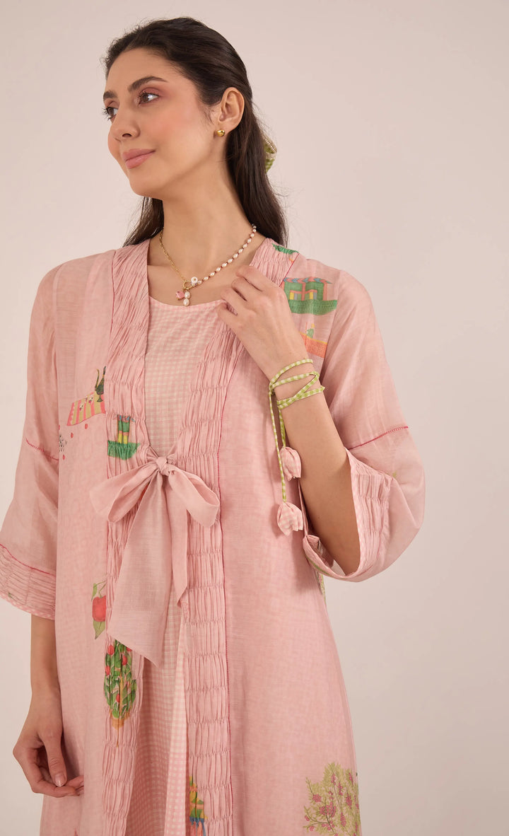 Gulposh: Cotton Silk Pleated Jacket Dress With Cotton Check Inner - Pink
