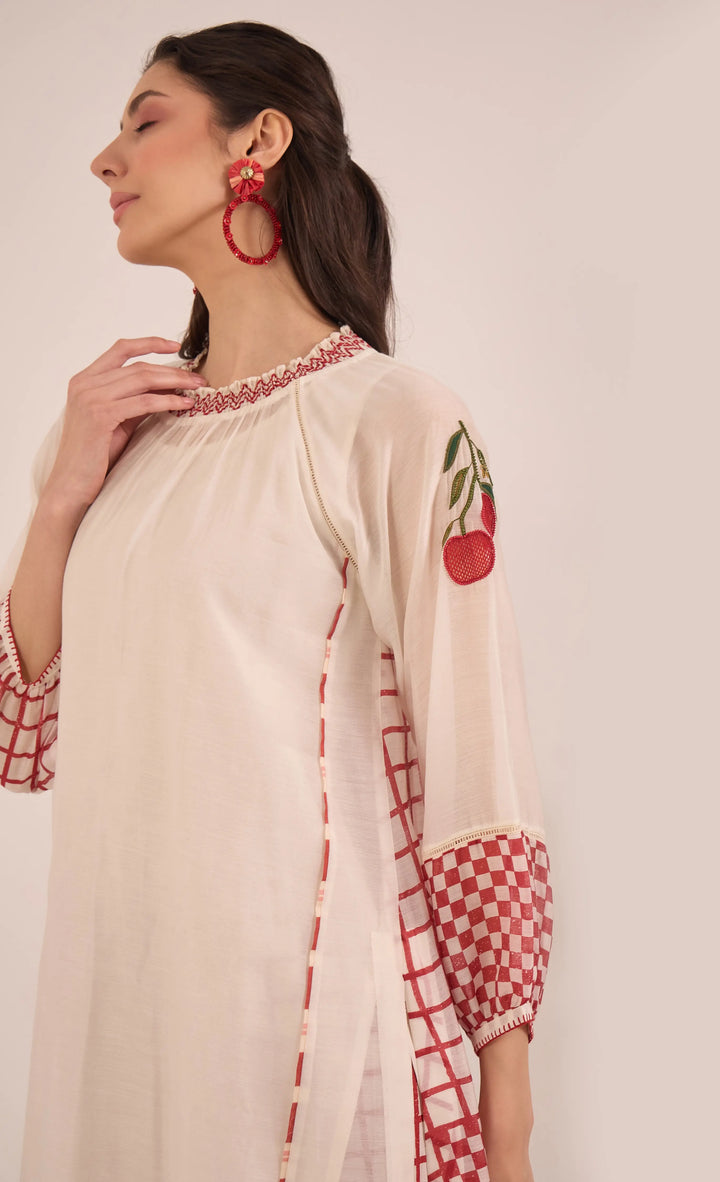 Shirin: Cotton Silk Ivory Red Check Embroidered Kurta Set