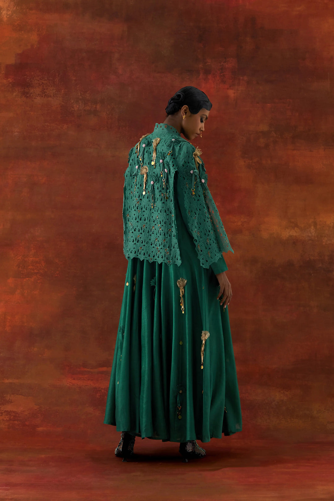 Embroidered Cutwork Cape With 3D Flower Kalidar Teal