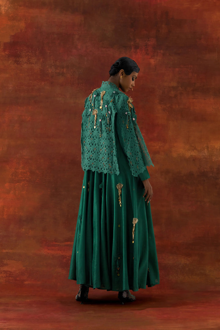 Embroidered Cutwork Cape With 3D Flower Kalidar Teal