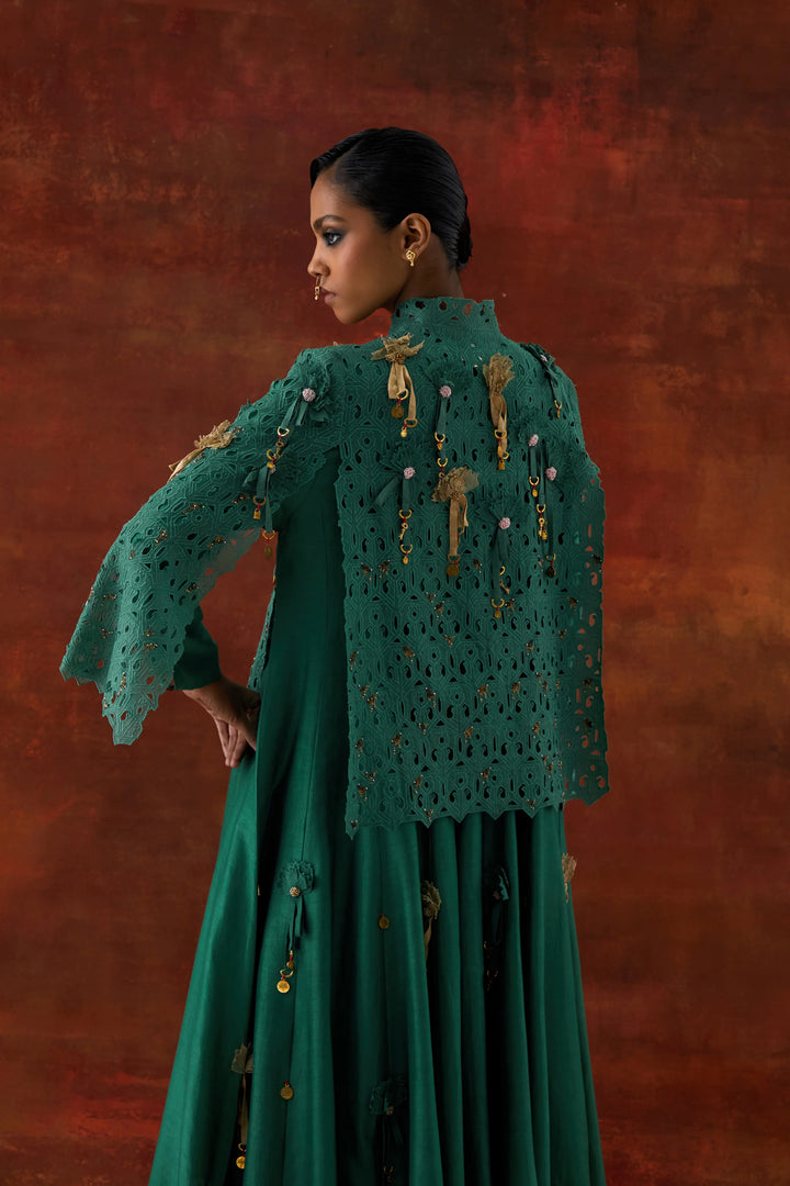 Embroidered Cutwork Cape With 3D Flower Kalidar Teal