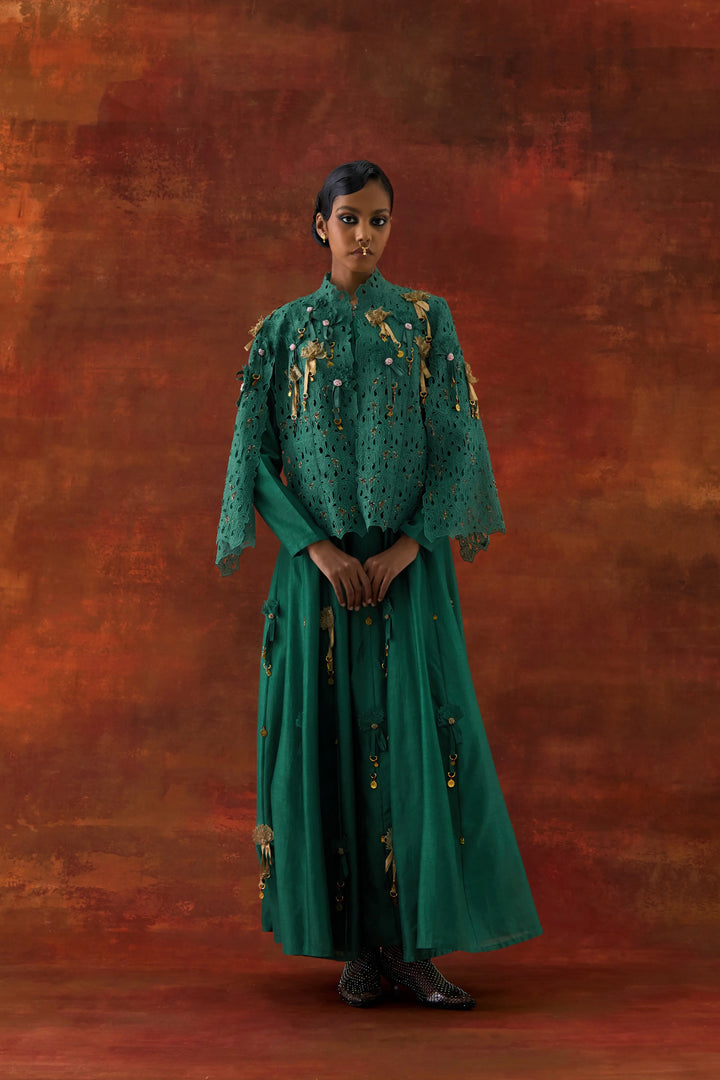 Embroidered Cutwork Cape With 3D Flower Kalidar Teal