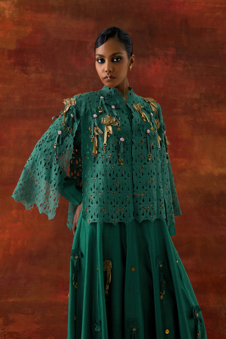 Embroidered Cutwork Cape With 3D Flower Kalidar Teal