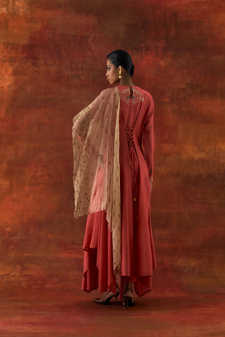Emb Gold Tissue Attached Draped Kurta With Pants Coral