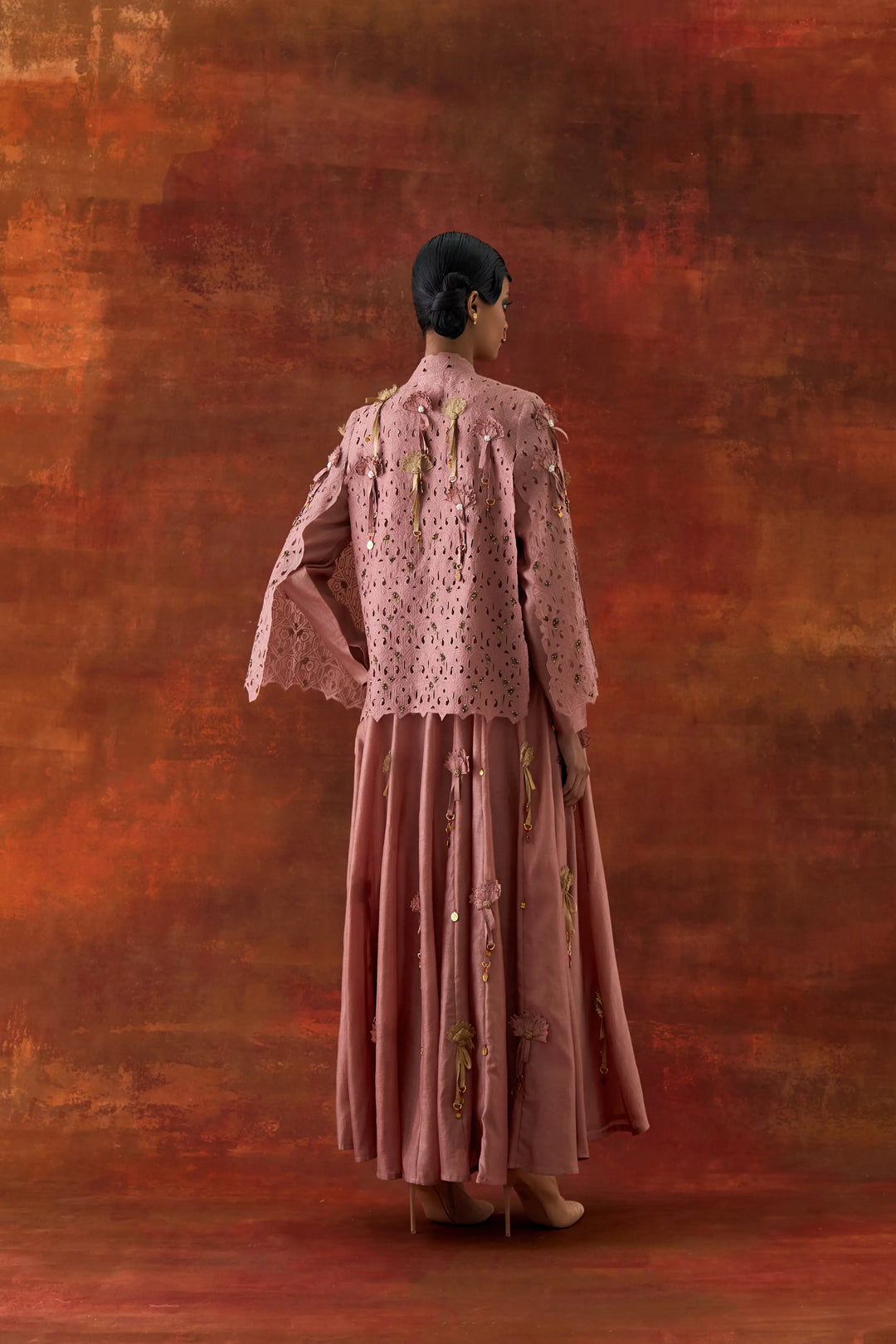 Embroidered Cutwork Cape With 3D Flower Kalidar