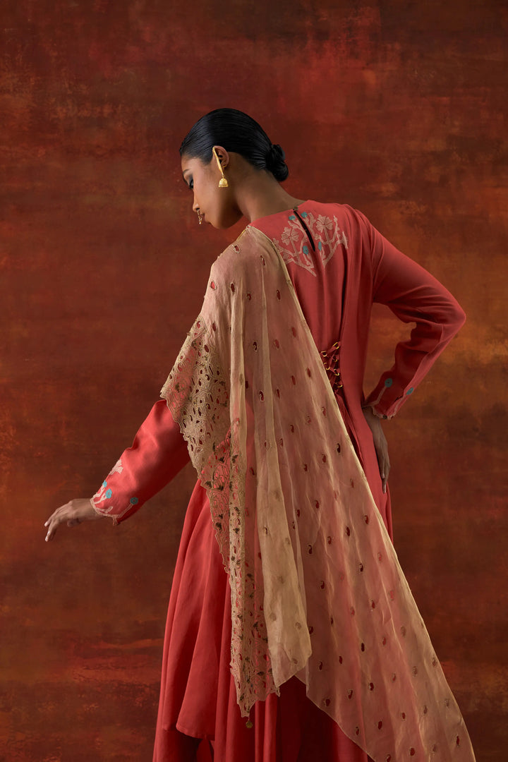 Emb Gold Tissue Attached Draped Kurta With Pants Coral