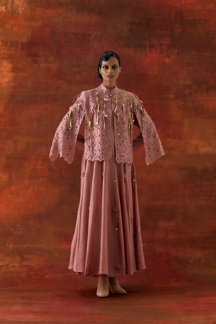 Embroidered Cutwork Cape With 3D Flower Kalidar